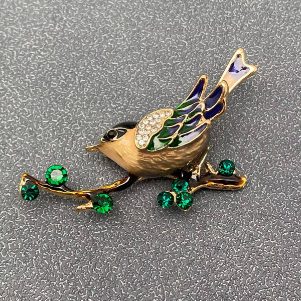 Magpie Standing On A Branch Enamel Brooch