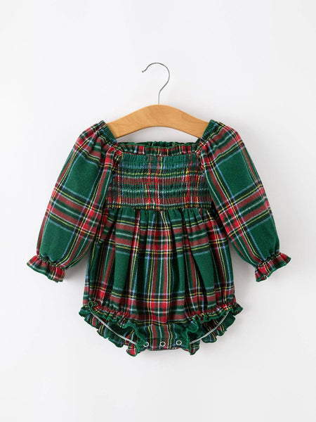 Christmas Plaid Smocked Baby Girl Bubble Romper
