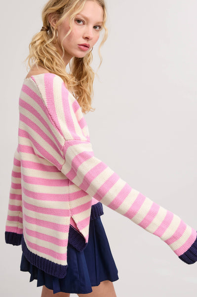 Pink V Neck Stripe Oversize Sweater