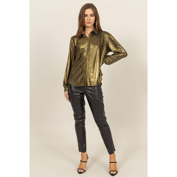 METALLIC Puff Sleeve Button Up