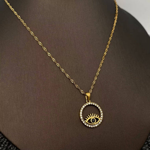 Inlaid CZ Evil Eye Charm 18K Gold Plated S.Steel Necklace - FGS: Style A