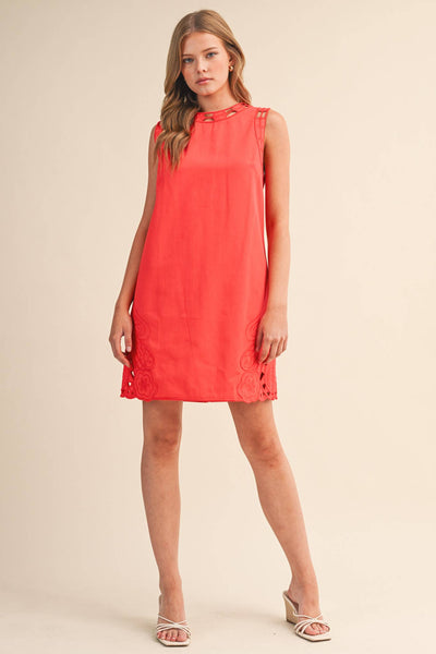 EMBROIDERED SHIFT DRESS WITH CUT-OUT
