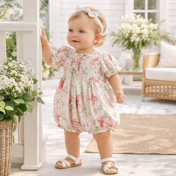Bouquet Smocked Bodice Puff Sleeve Romper