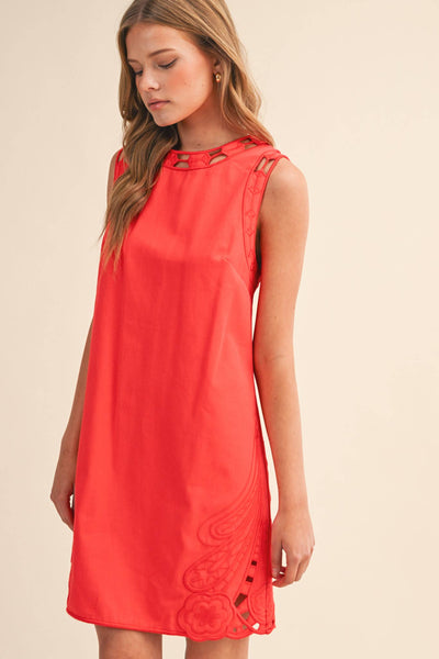 EMBROIDERED SHIFT DRESS WITH CUT-OUT