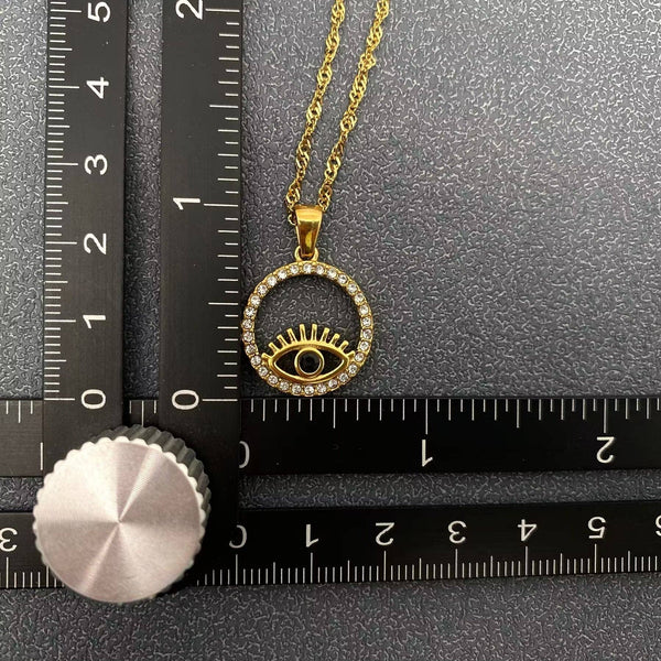 Inlaid CZ Evil Eye Charm 18K Gold Plated S.Steel Necklace - FGS: Style A