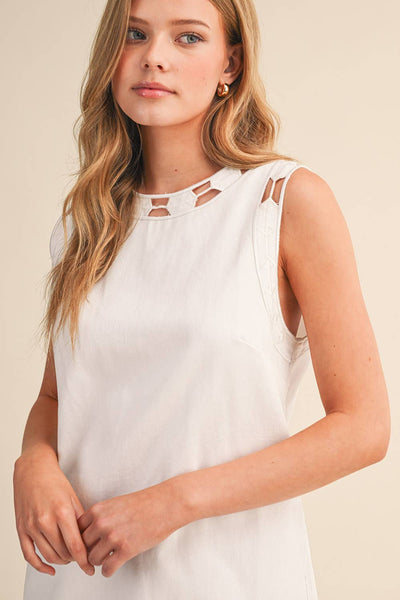 EMBROIDERED SHIFT DRESS WITH CUT-OUT
