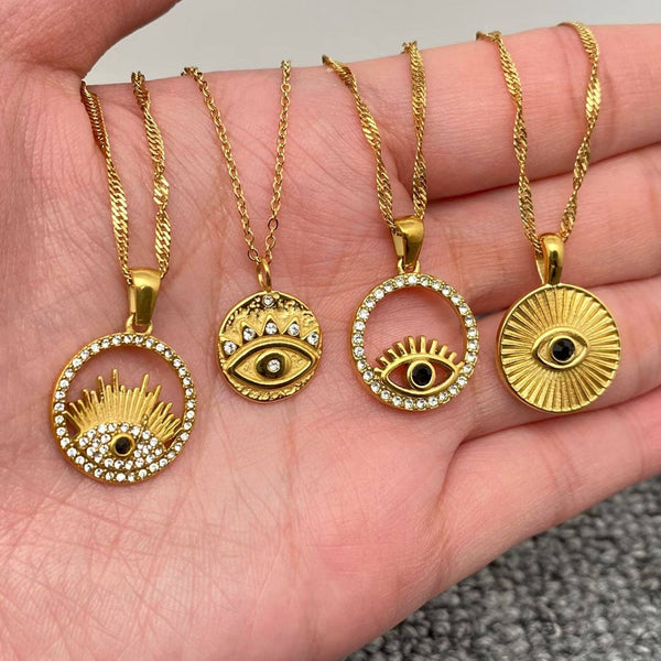 Inlaid CZ Evil Eye Charm 18K Gold Plated S.Steel Necklace - FGS: Style A