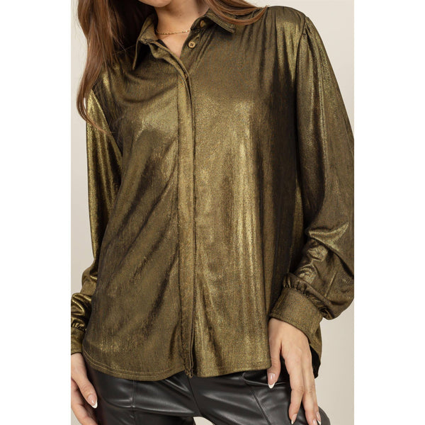 METALLIC Puff Sleeve Button Up