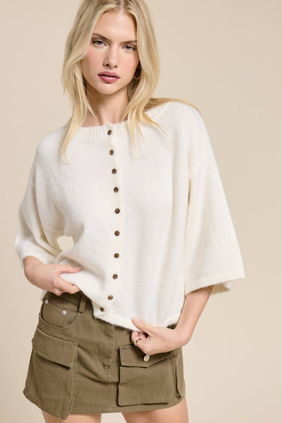 Ivory Button Front Short Sleeve Knit Cardigan