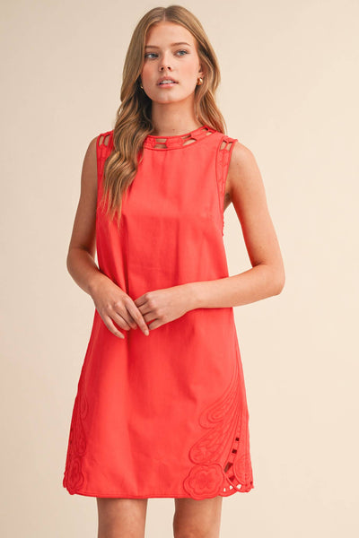 EMBROIDERED SHIFT DRESS WITH CUT-OUT