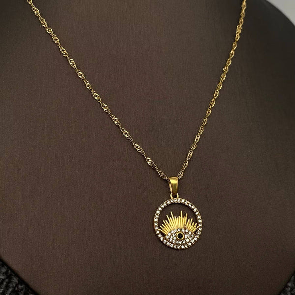 Inlaid CZ Evil Eye Charm 18K Gold Plated S.Steel Necklace - FGS: Style A