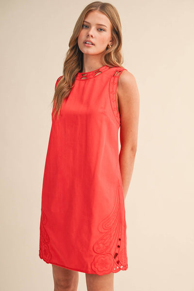 EMBROIDERED SHIFT DRESS WITH CUT-OUT