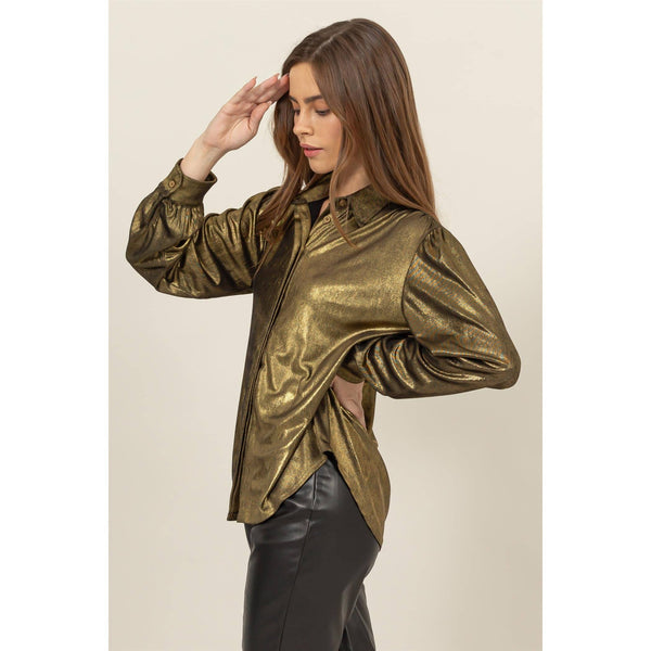 METALLIC Puff Sleeve Button Up