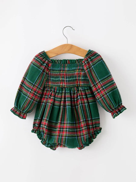 Christmas Plaid Smocked Baby Girl Bubble Romper