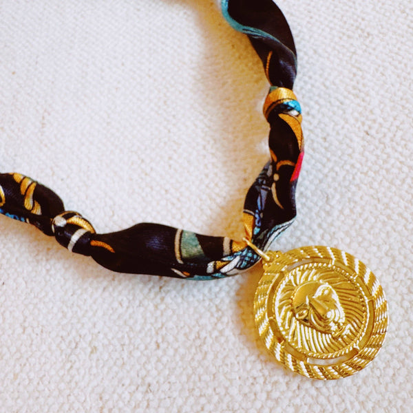 Luxe Print Medallion Pendant Scarf Necklace: Orange