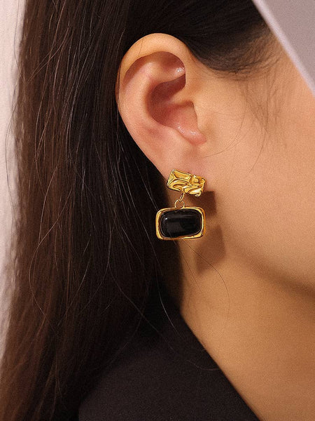 Cuvée 18K Gold Non-Tarnish Black Square Dangle Earring: Black