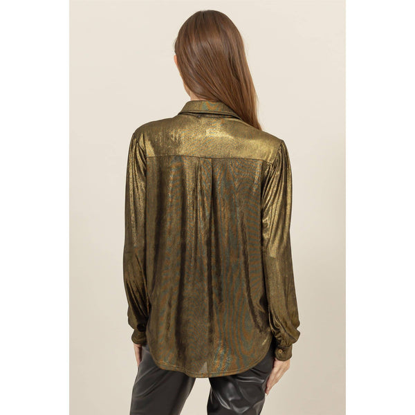 METALLIC Puff Sleeve Button Up