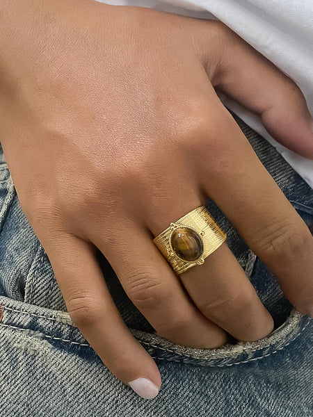 Oasis 18K Gold Non-Tarnish Stone Bold Adjustable Ring: Green
