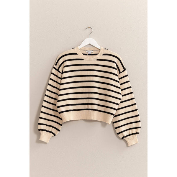 STRIPED KNIT PULLOVER SWEATER: