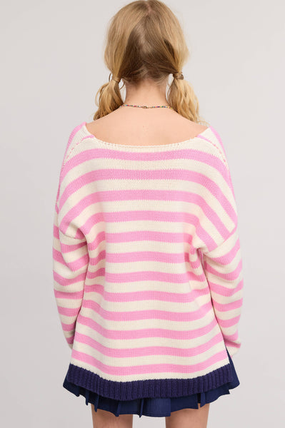 Pink V Neck Stripe Oversize Sweater