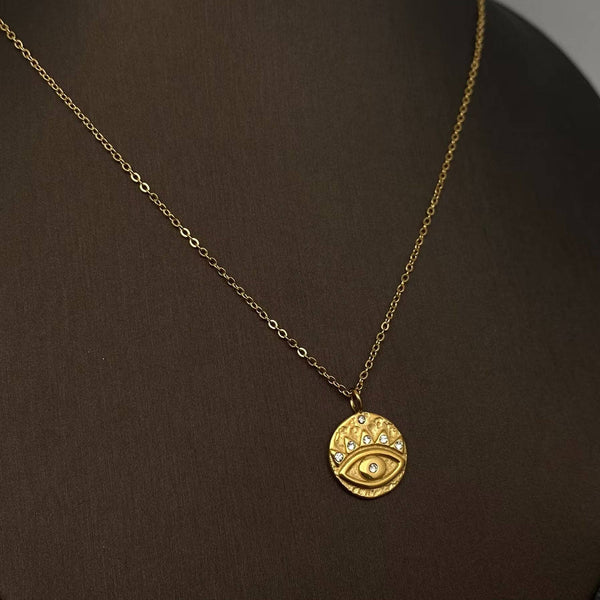 Inlaid CZ Evil Eye Charm 18K Gold Plated S.Steel Necklace - FGS: Style A