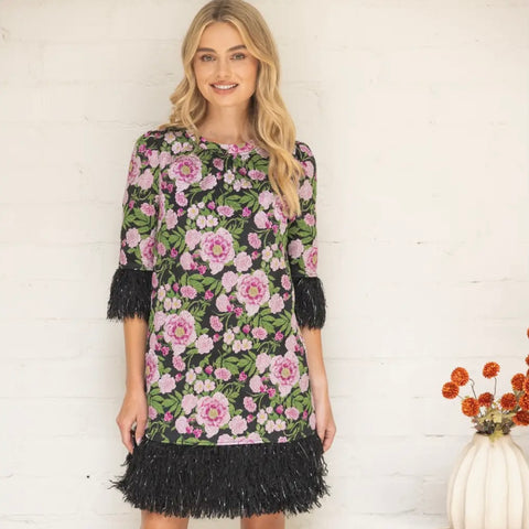 Ostrich Feather Trimmed Jacquard Dress