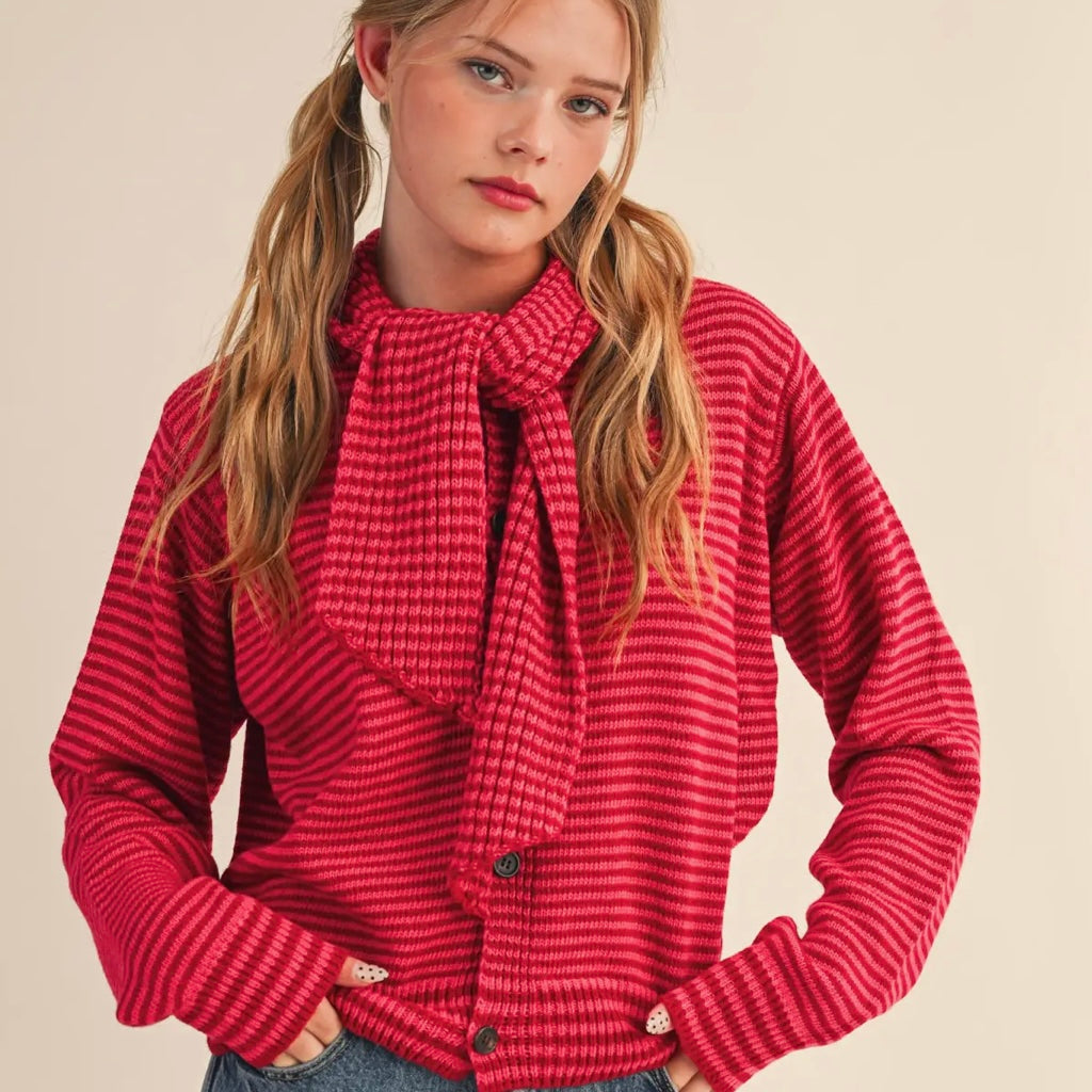 Striped Tie Neck Cardi