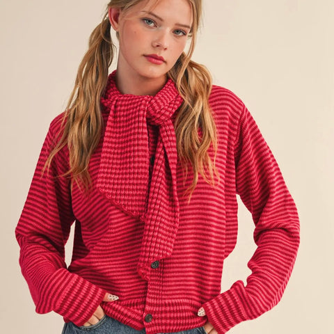 Striped Tie Neck Cardi