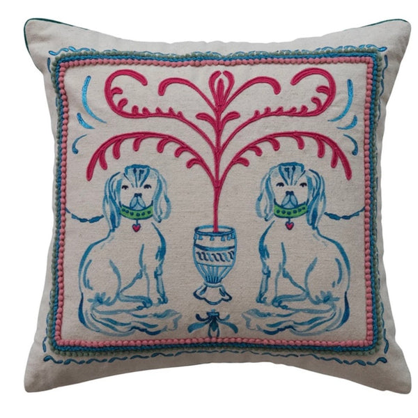 Embroidered Dog Scene Pillow