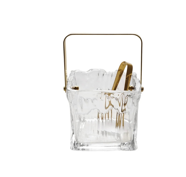 Glass Ice Bucket with Gold Tongs
