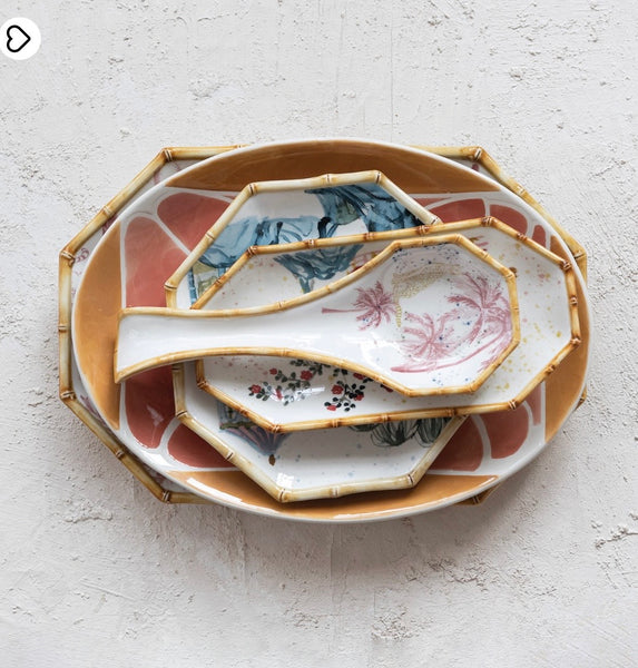Stoneware Octagon Shaped Plate W House Palm Tree & Bamboo Style Edge