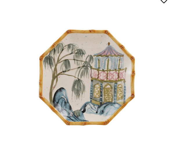Stoneware Octagon Shaped Plate W House Palm Tree & Bamboo Style Edge