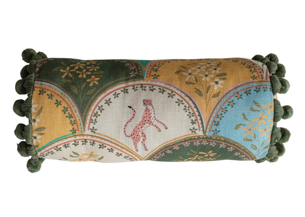 Velvet Print Leopard Floral Bolster with PomPoms