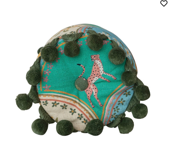 Velvet Print Leopard Floral Bolster with PomPoms