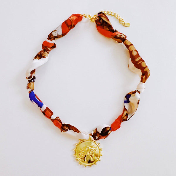 Luxe Print Medallion Pendant Scarf Necklace: Orange
