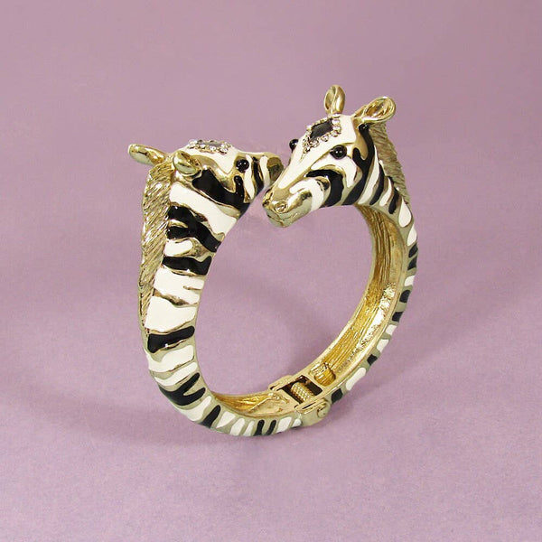 Two Head Zebra Enamel Stone Hinge Bangle Bracelet: Black