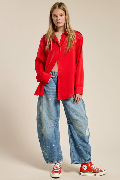 Tomato Silky Satin Button Down Blouse