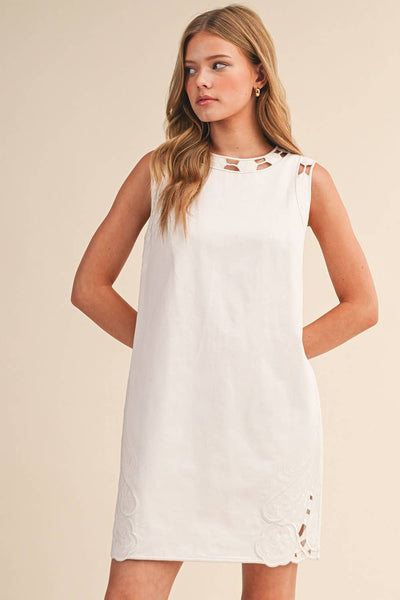 EMBROIDERED SHIFT DRESS WITH CUT-OUT