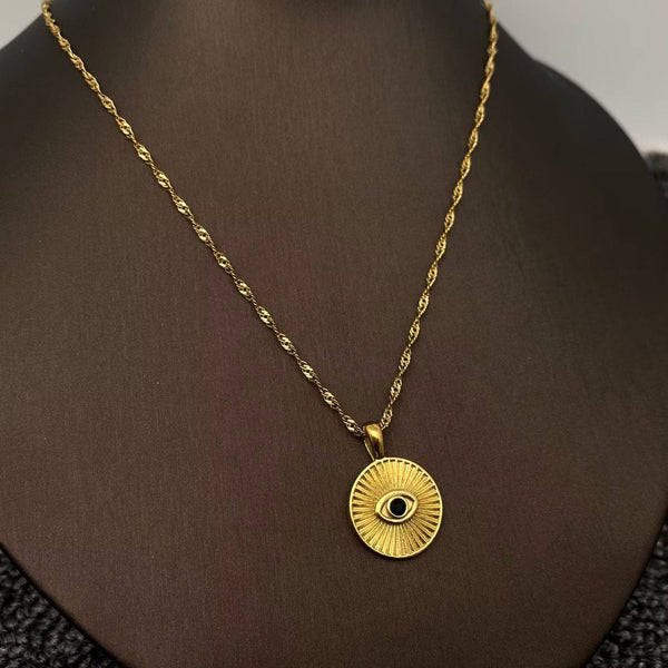 Inlaid CZ Evil Eye Charm 18K Gold Plated S.Steel Necklace - FGS: Style A