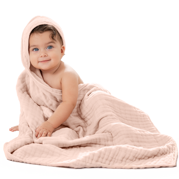Hooded Baby Towel, 6 Layer 100% Muslin Cotton by Comfy Cubs: Blush