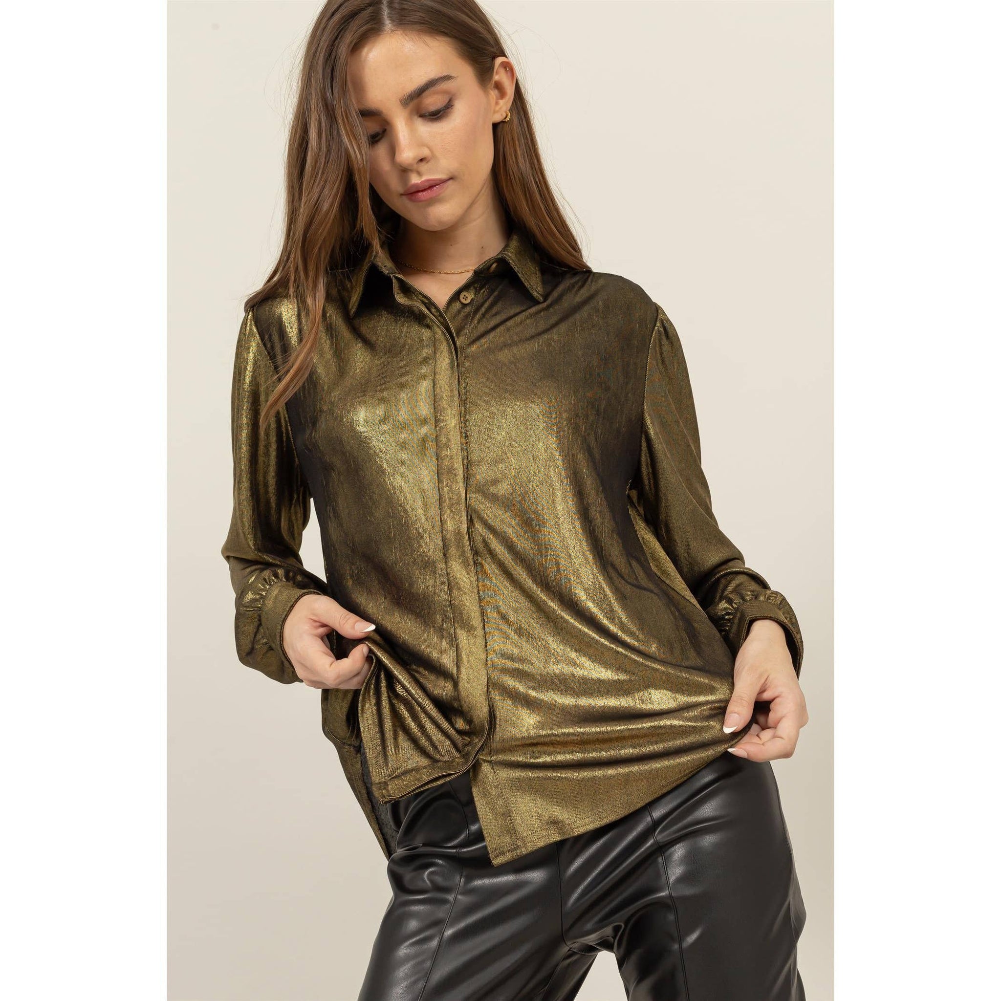 METALLIC Puff Sleeve Button Up