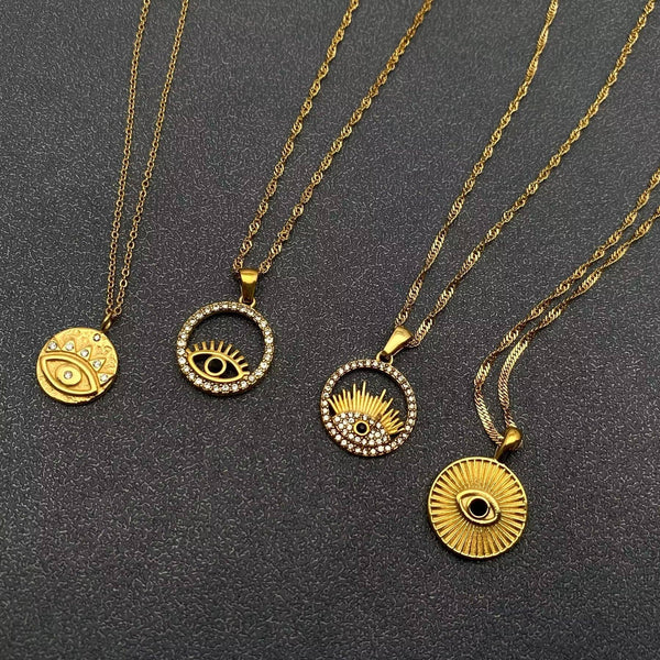 Inlaid CZ Evil Eye Charm 18K Gold Plated S.Steel Necklace - FGS: Style A
