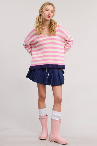 Pink V Neck Stripe Oversize Sweater