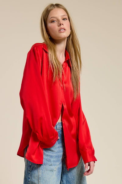 Tomato Silky Satin Button Down Blouse