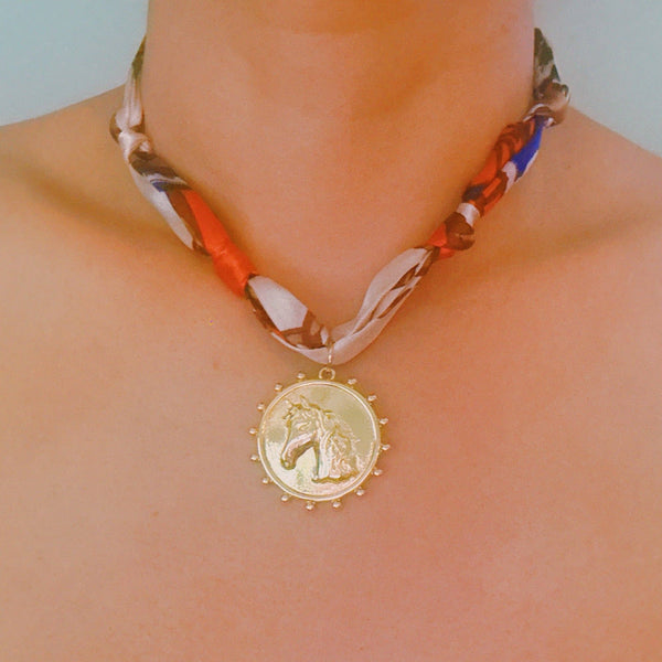 Luxe Print Medallion Pendant Scarf Necklace: Orange
