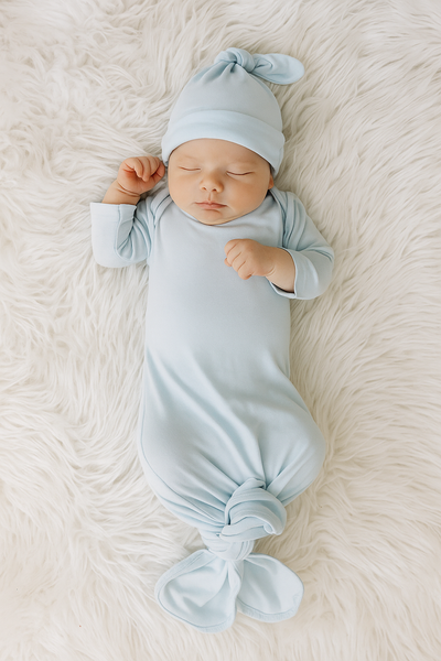 Bamboo Knotted Baby Gown & Beanie blue