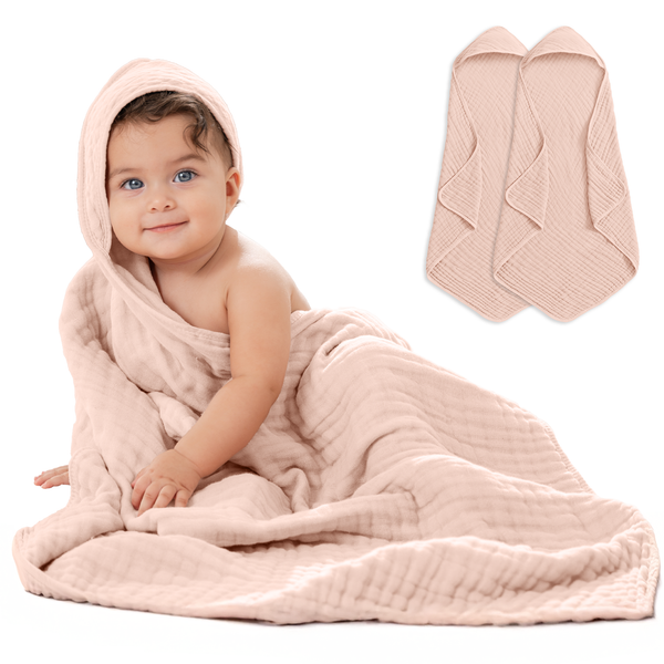 Hooded Baby Towel, 6 Layer 100% Muslin Cotton by Comfy Cubs: Blush
